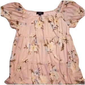 AGB Pink Floral Tiered Peasant Top Flutter Sleeve Boho Blouse - Size M